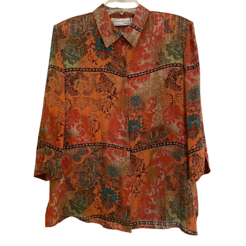 Sarah Bentley Vintage 80s Multicolor Floral Sheer Button Front Blouse Size L